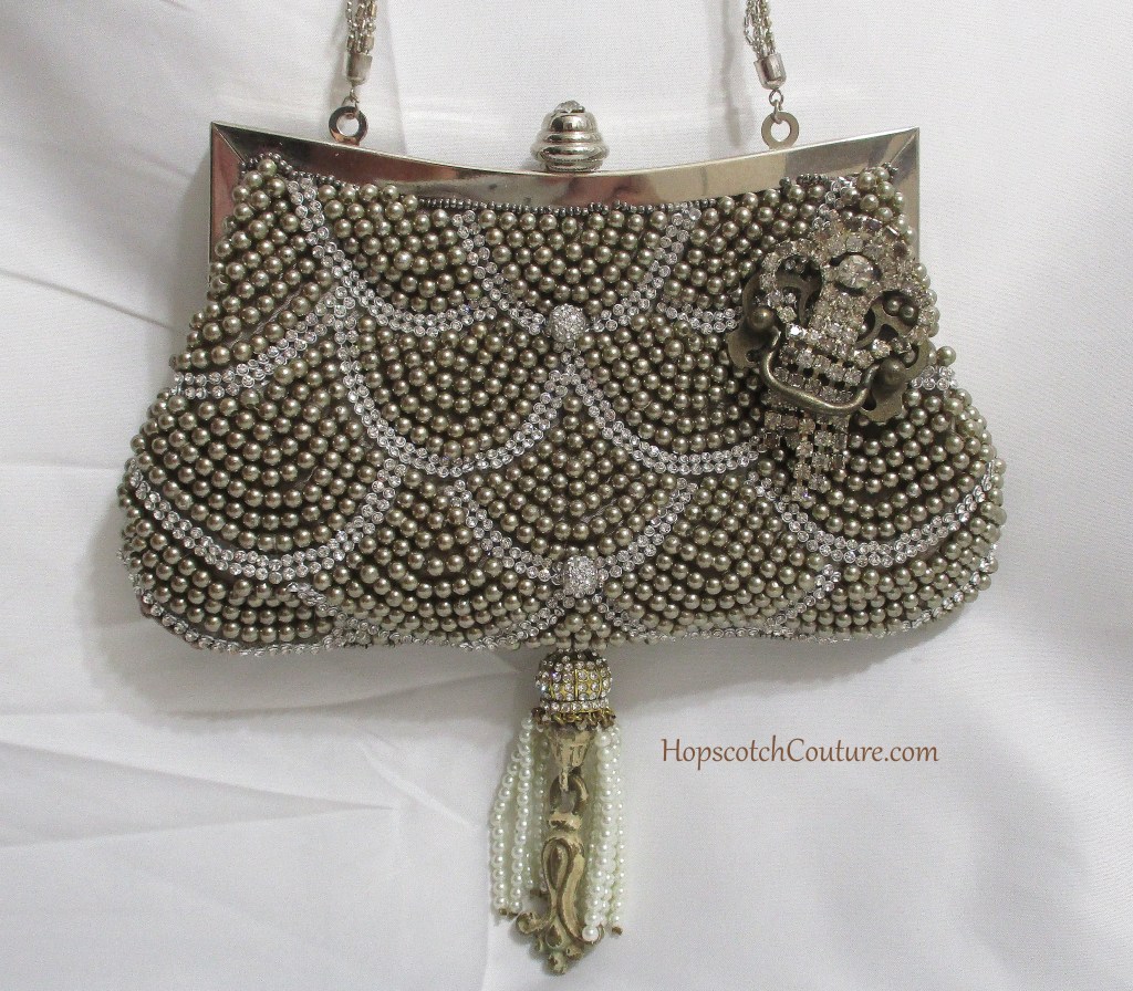beaded bridal bag with rhinestones, upcycled by Marelle Couture for Hopscotch Couture. https://hopscotchcouture.com/products/beaded-bridal-bag-formal-champaign-color-clutch-purse #bridalbag #clutchpurse #beadedpurse #rhinestonebridalbag