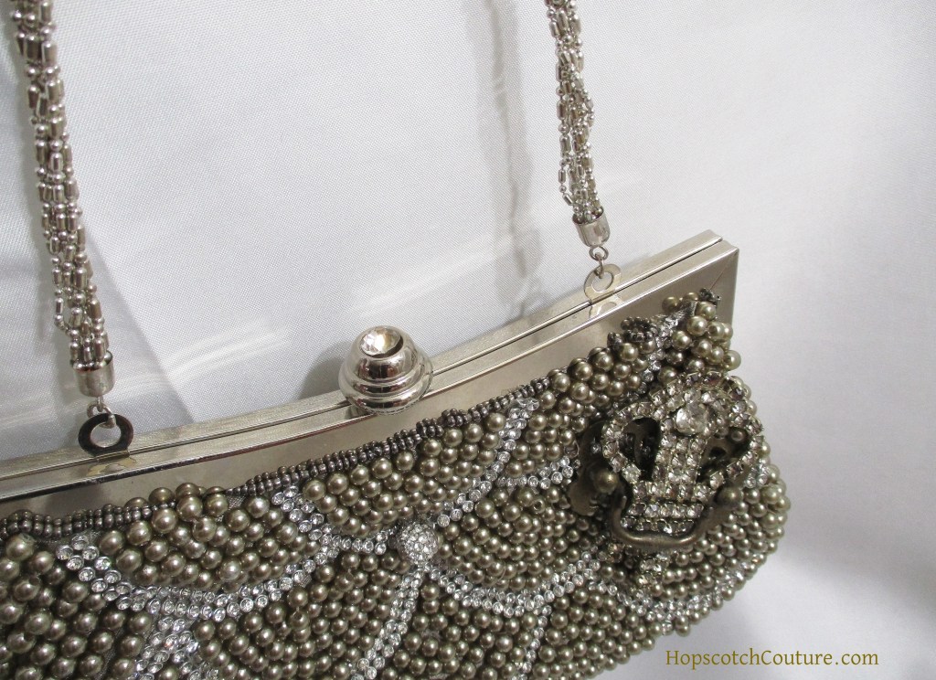 close up of beaded bridal bag with rhinestones, upcycled by Marelle Couture for Hopscotch Couture. https://hopscotchcouture.com/products/beaded-bridal-bag-formal-champaign-color-clutch-purse #bridalbag #clutchpurse #beadedpurse #rhinestonebridalbag