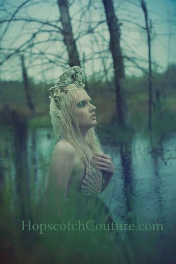 Model wearing Mermaid Crown made by Marelle Couture for Hopscotch Couture. https://hopscotchcouture.com/collections/royal-crowns-and-bridal-headpieces #mermaidcrown #crownheadpiece #handmadecrown