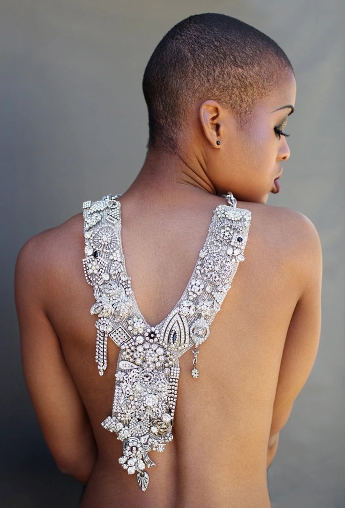 Large Rhinestone Custom Made Statement Neck Piece by Marelle Couture. This necklace is a made to order piece and is crafted with vintage jewelry. https://hopscotchcouture.com/ #statementnecklaces #madetoordernecklaces #largeneckpieces 