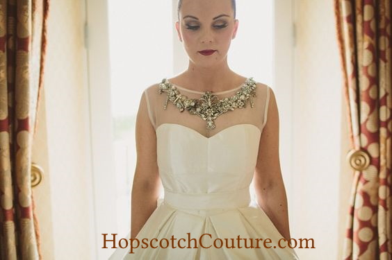 Bride Wearing a Statement Rhinestone Bridal Necklace Made to Order by Marelle Couture for Hopscotch Couture. https://hopscotchcouture.com/products/custom-wedding-necklace-personalized-statement-pieces-made-to-order-victorian-noir-bridal-necklace?_pos=3&_psq=made+to+order+bridal+nec&_ss=e&_v=1.0 #BridalNecklace #StatementBridalNecklace #MadetoOrderBridalNecklace #CustomMadeBridalNecklace