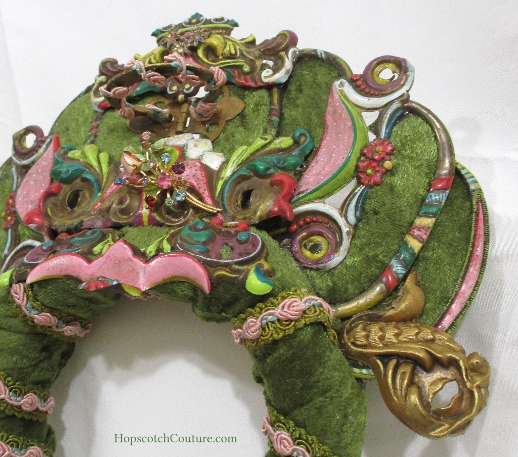 close up right side of green headband crown made by Marelle Couture for Hopscotch Couture. https://hopscotchcouture.com/collections/royal-crowns-and-bridal-headpieces #headbandcrown #greenvelvetcrown #fairytalecrown #bridalcrown