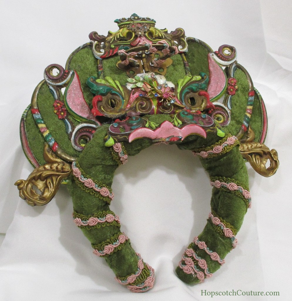 Full view of green headband crown made by Marelle Couture for Hopscotch Couture. https://hopscotchcouture.com/collections/royal-crowns-and-bridal-headpieces #headbandcrown #greenvelvetcrown #fairytalecrown #bridalcrown