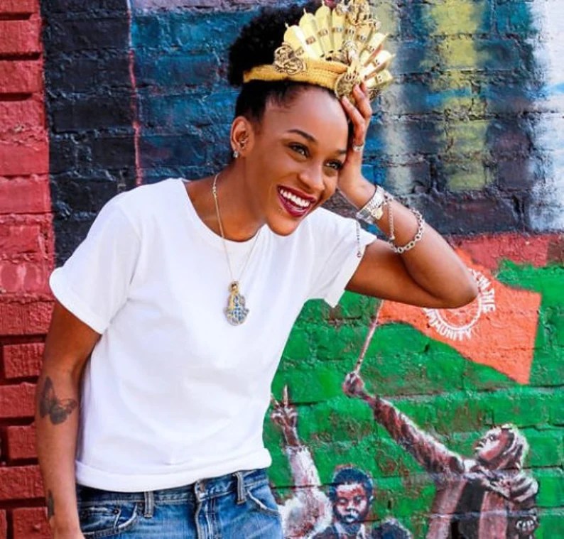 Model in NYC wearing gold bridal crown by Marelle Couture for Hopscotch Couture. https://hopscotchcouture.com/search?q=crowns&options%5Bprefix%5D=last #Crowns #hairaccessories #bridalcrowns