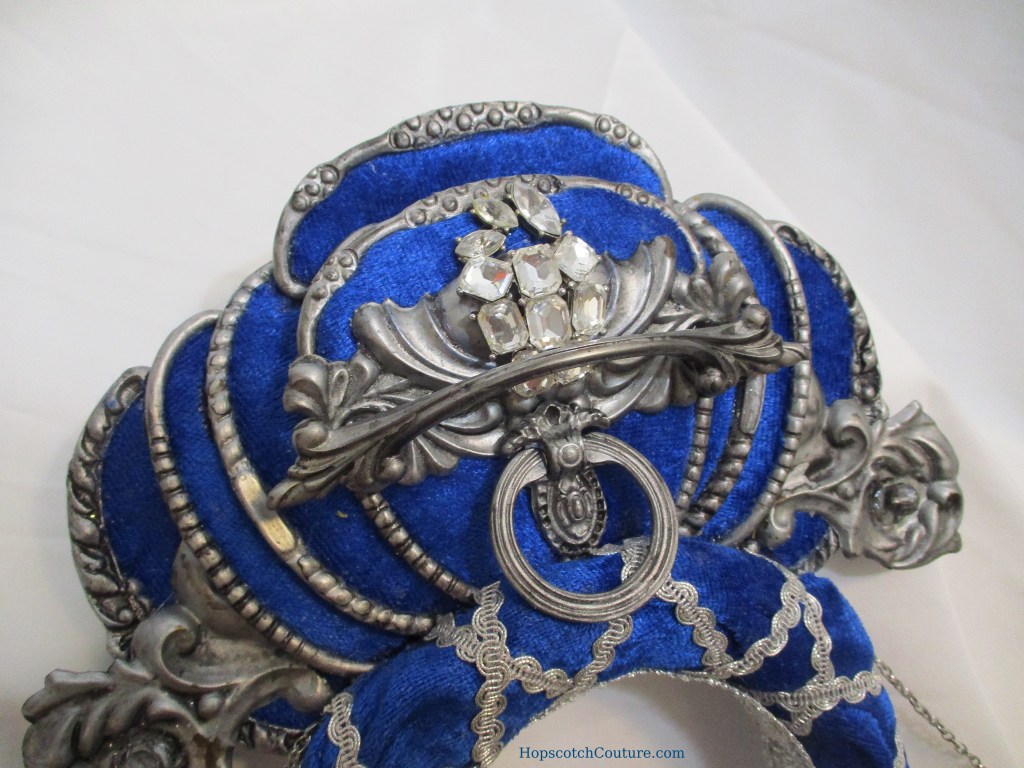 close up top of royal blue headband crown handmade by Marelle Couture for Hopscotch Couture. https://hopscotchcouture.com/products/royal-blue-crown-halo-crown-headband-headpiece #royalcrown #bluecrown #bridalcrown #headbandcrown 